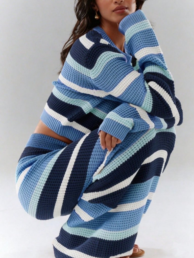 Blue Casual Women's Color Block Long Sleeve Sweater And Knitted Skirt Set